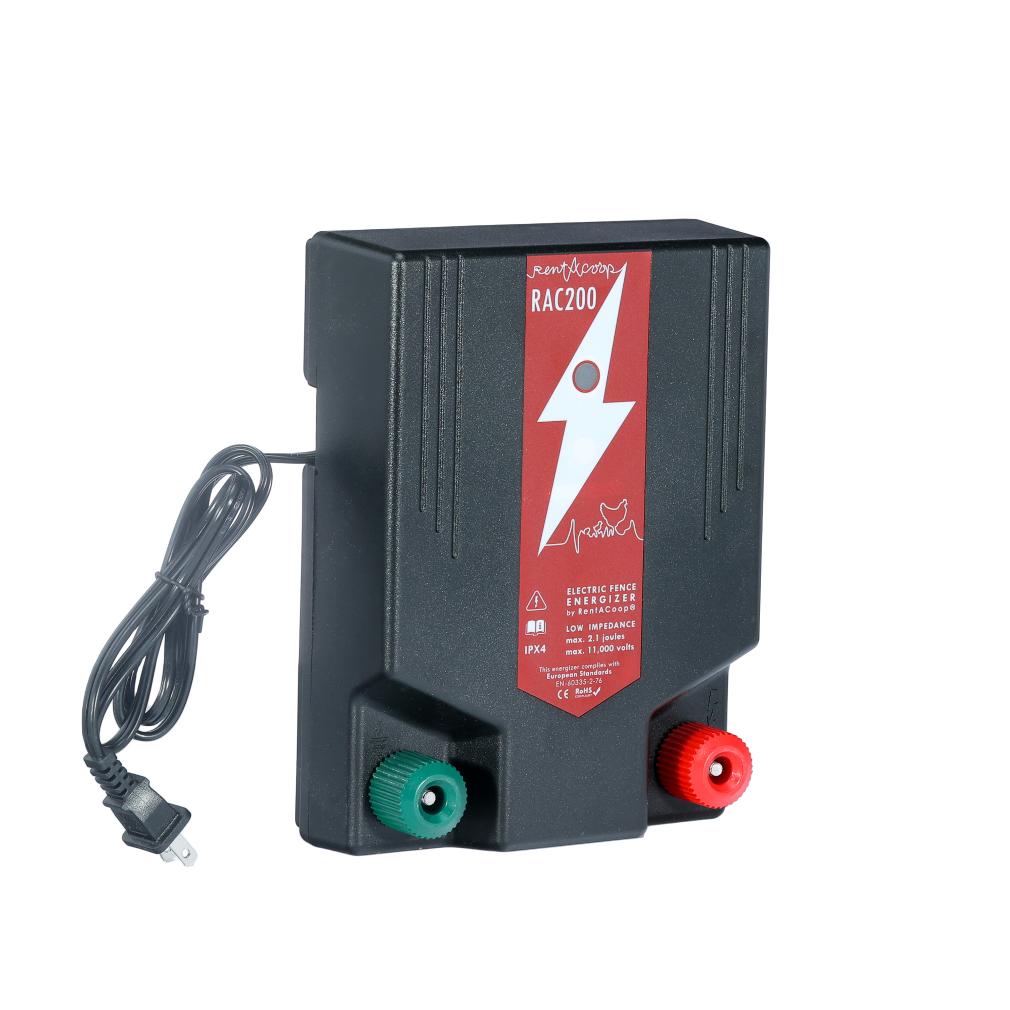 RentACoop, RAC200 2.0 J Electric Fence Energizer for Electric Fence Netting, Model# EN-PLUG-R200